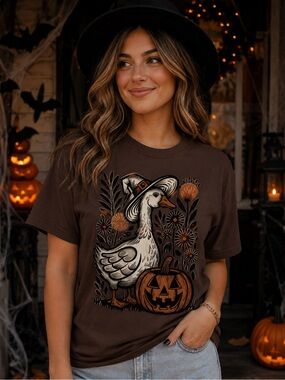 Halloween Goose Graphic Tee - Brown with Orange Accents